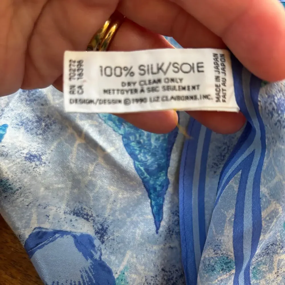 Vintage 80s Liz Claiborne blue silk scarf with pointy ends seashells beach theme